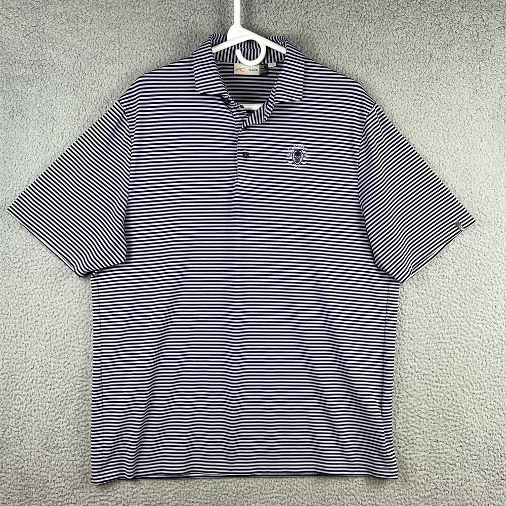 KJUS Golf Polo Shirt Mens XL 54 Comfort Fit Navy Blue Purple Striped UPF 30+